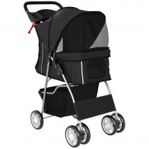 PawHut Hundewagen Hundebuggy Faltbar Katzenwagen bis 10kg mit Reflektorstreifen Aufbewahrungskorb waschbar Kissen Netzfenstern Getränkehaltern 360° drehbare Räder mit Bremse für kleine Hunde Schwarz   Aosom