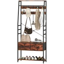 HOMCOM Meuble d'entrée 6 en 1 portemanteau tringle à vêtements étagère 2 tiroirs 10 crochet 80 x 30 x 180 cm brun rustique