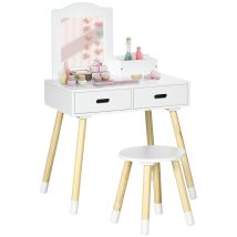 ZONEKIZ Coiffeuse enfant design scandinave avec tabouret miroir et 2 tiroirs 3 à 6 ans 60 x 40 x 95 cm blanc et bois   Aosom France