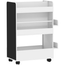 AIYAPLAY Kinder Bücherregal, Kinderregal mit 4 Regalen Bodenfach 2 Seitenteile, doppelseitiges Kinderbücherregal mit Tafel Rollen, für Kinderzimmer Spielzimmer, für 3–8 Jahre, 66,5x32,5x86,5 cm Weiß   Aosom