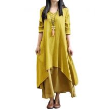 New Fashion Women Casual Loose Dress Solid Long Sleeve Cotton Linen Boho Long Maxi Dress