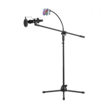 Metal Microphone Floor Stand Tripod Adjustable Height with Boom Arm 3 Mic Holders & 1 Smartphone Holder
