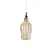 Cleofe - Lampada a sospensione in vetro ocra trasparente e cromo - Attacco 1XE27, stile vintage, IP20, 1XE27 max 1X60W, d.18cm, lampadine escluse