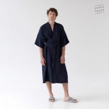 Linen Tales Bilberry Blue Linen Summer Bathrobe S-M