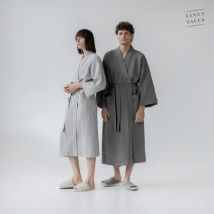 Linen Tales Light Grey Linen & Cotton Honeycomb Waffle Bathrobe S-M
