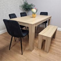 Oak Wooden Table With 4 Tufted Velvet Black Chair and 1 Bench Dining Set - Oak Black / 140cm