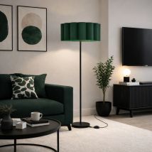 Lena Matt Black Straight Floor Lamp with Large Scalloped Lampshade - Forest Green