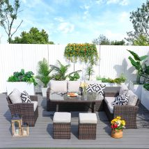 7-Piece Wicker Patio Conversational Sofa Set with Beige Cushions - Brown / Side SofaandCorner Sofa and Middle Sofa