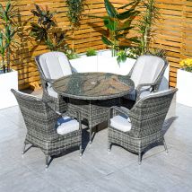 4 Seater Round Garden Dining Table and Chairs Set with Glass Top - Grey, 120cm - Grey
