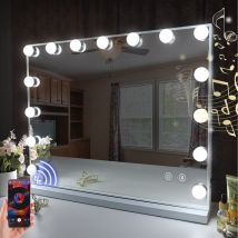 FENCHILIN Bluetooth Hollywood Light Up Vanity Mirror with Lights Tabletop Wall - Metal White - 46cm X 58cm