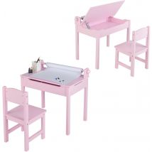 Set Tavolo e Sedia d’Arte per Bambini 3+ Anni, Scrivania in Legno di Pino da Disegno con Portarotolo, Piano Ribaltabile & Vano Portaoggetti, Rotolo di Carta (10m) e 2 Pennarelli (Rosa)