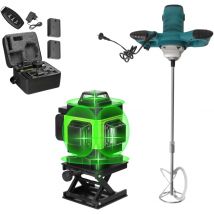 Miscelatore per Malta e Cemento 1600W con 6 Velocità e Attacco M14 + Livella Laser 4D a 16 Linee con Raggio Verde Autolivellante, Kit Professionale 2 in 1.