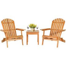 Set da 3 Pezzi di Sedie Adirondack e Tavolino in Legno, Sedie a Sdraio Pieghevoli e Tavolino Laterale con Design a Doghe, Arredo da Esterno in Legno per Giardino, Patio, Naturale