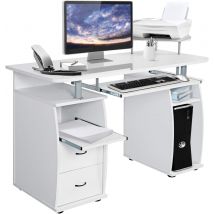 Scrivania Salvaspazio, Scrivania con Cassetti, Vassoio per Tasteriera, Ripiani e Porta Stampante, Scrivania Porta PC per Ufficio e Studio, 120 x 55 x 76 cm, Portata 60 kg (Bianco)