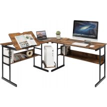 Scrivania Angolare 170 CM, Scrivania per Computer ad Angolo Moderna con Piano Inclinabile, Scaffale Inferiore e Supporto per CPU, Scrivania a Forma di L per Ufficio e Studio (Marrone)