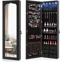 Armadio portagioielli con 5 Luci LED, Porta che Si Chiude, Armadio Portagioielli Montato a Muro con Specchio e 6 Cassetti, Organizer Gioielli con Tanto Spazio per Ragazze (Nero)