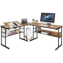 Scrivania Angolare 170 CM, Scrivania per Computer ad Angolo Moderna con Piano Inclinabile, Scaffale Inferiore e Supporto per CPU, Scrivania a Forma di L per Ufficio e Studio (Noce)