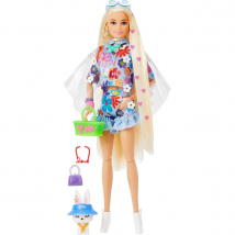 Barbie Extra Doll in Floral 2-Piece Outfit with Pet Bunny