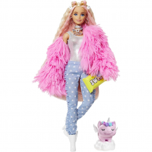 Barbie Extra Doll Fluffy Pink Jacket Coat & Unicorn Pig Pet