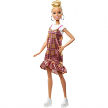 Barbie Fashionistas Doll with Blonde Updo Hair Wearing Pink & Golden Plaid Dress