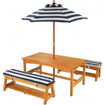 KidKraft Outdoor Table Wooden Bench Set with Navy & White Stripes for Kids