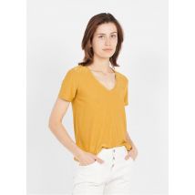 Please - Camiseta con cuello de pico y fibras metalizadas - Talla S - Naranja