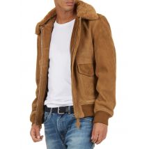 Schott - Nauwsluitend suède pilotenjack met afneembare kraag van schapenvacht - S Maat - Bruin