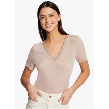 Morgan - Camiseta con cuello de pico metalizada - Talla S - Rosa