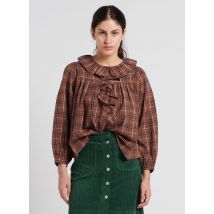 Bellepiece - Geruite - katoenen blouse met ronde hals - S Maat - Bruin
