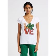 Leon & Harper - T-shirt van biokatoen met v-hals en zeefdruk - S Maat - Wit