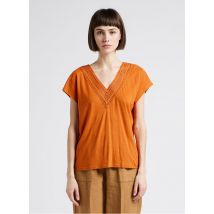 Ekyog - Camiseta recta de mezcla de lino con escote de pico - Talla M - Naranja