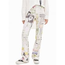 Desigual - Katoenen broek met hoge taille - uitlopende pijpen en print - L Maat - Wit