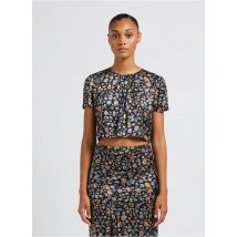 Sessun - Korte top van soepelvallende satijn met ronde hals en print - L Maat - Zwart