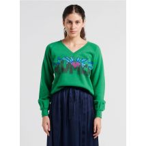 Leon & Harper - Ruimvallende sweater met v-hals en zeefdruk - katoenblend - S Maat - Groen