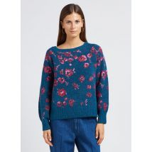 Vila - Ruimvallende - gebreide trui met boothals en bloemmotief materiaalblend - S Maat - Blauw