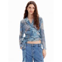 Desigual - Figurbetonte bluse mit v-ausschnitt und print - Größe S - Blau
