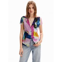 Desigual - Rechte blouse met klassieke kraag en print - 2XL Maat - Blauw