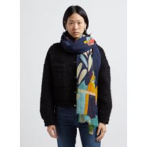 Storiatipic - Wollen sjaal met borduursel en print - Een Maat - Blauw