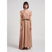 Beliza - Lange - satijnachtige jurk met v-decolleté - L Maat - Beige
