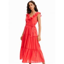 Desigual - Vestido midi de mezcla de algodón con cuello de pico y volante - Talla XS - Rojo