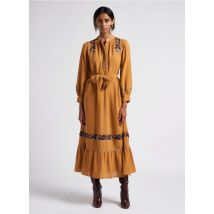 Antik Batik - Vestido largo de algodón evasé con cuello redondo - Talla S - Marrón