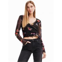 Desigual - Top van tule met overslag en bloemmotief - XL Maat - Zwart