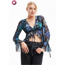 Desigual - Korte top van tule met v-hals en print - M Maat - Blauw