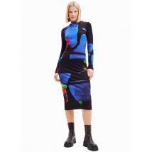 Desigual - Halflange jurk met opstaande kraag en print - S Maat - Zwart