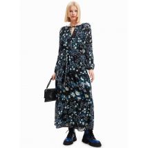 Desigual - Lange jurk met tuniekhals - bloemmotief en details van bolletjestule - XS Maat - Zwart