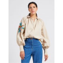 V De Vinster - Katoenen blouse met klassieke kraag en borduursel - M Maat - Beige