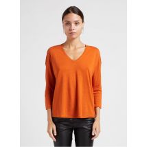 Ekyog - Ruimvallend t-shirt met v-hals linnenblend - XS Maat - Oranje