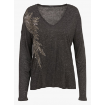 Ikks - Camiseta holgada con cuello de pico con lentejuelas y perlas - Talla XS - Gris