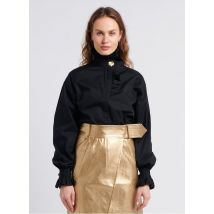 The Label Edition - Katoenen blouse met kraag met ruches - L Maat - Zwart
