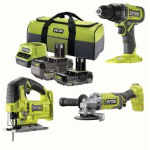 Kit 3 Outils Sans Fil 18v : Perceuse Visseuse + Meuleuse + Scie Sauteuse + 2 Batteries + Chargeur - Ryobi - Rck183-242s